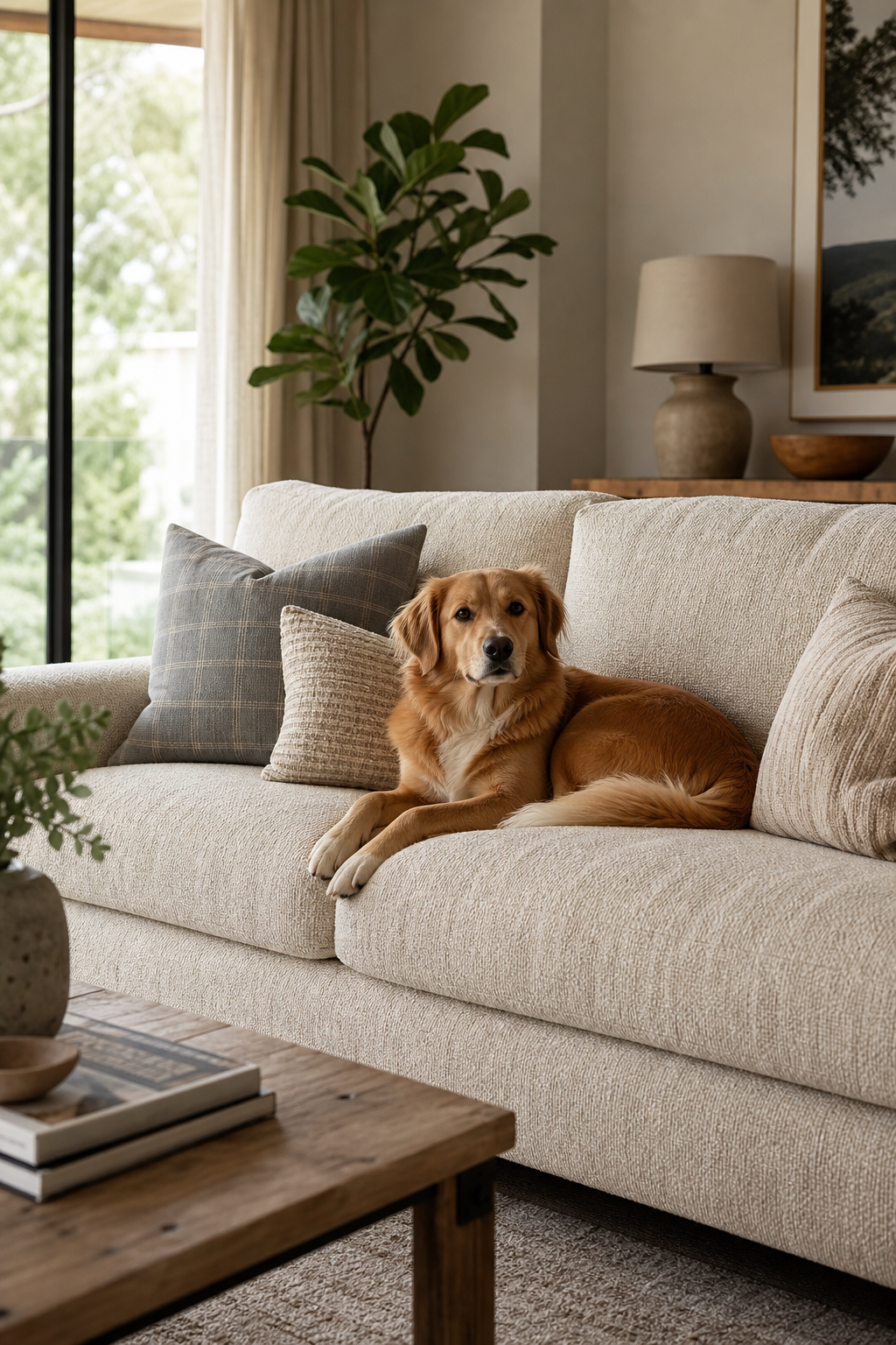 A dog rests on a textured upholstered sofa in a finished pet-friendly living room.