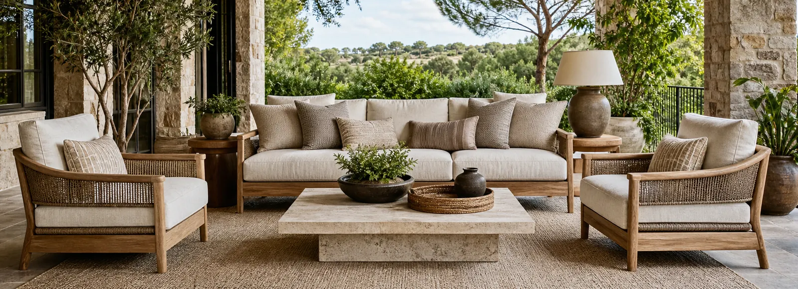 Outdoor living area with upholstered patio seating and textured cushions.