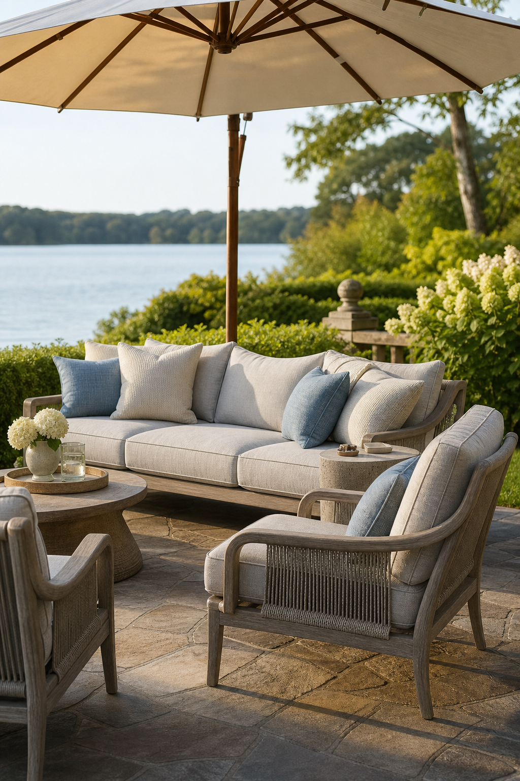 An outdoor patio with cushioned seating under a parasol in sun and shade.