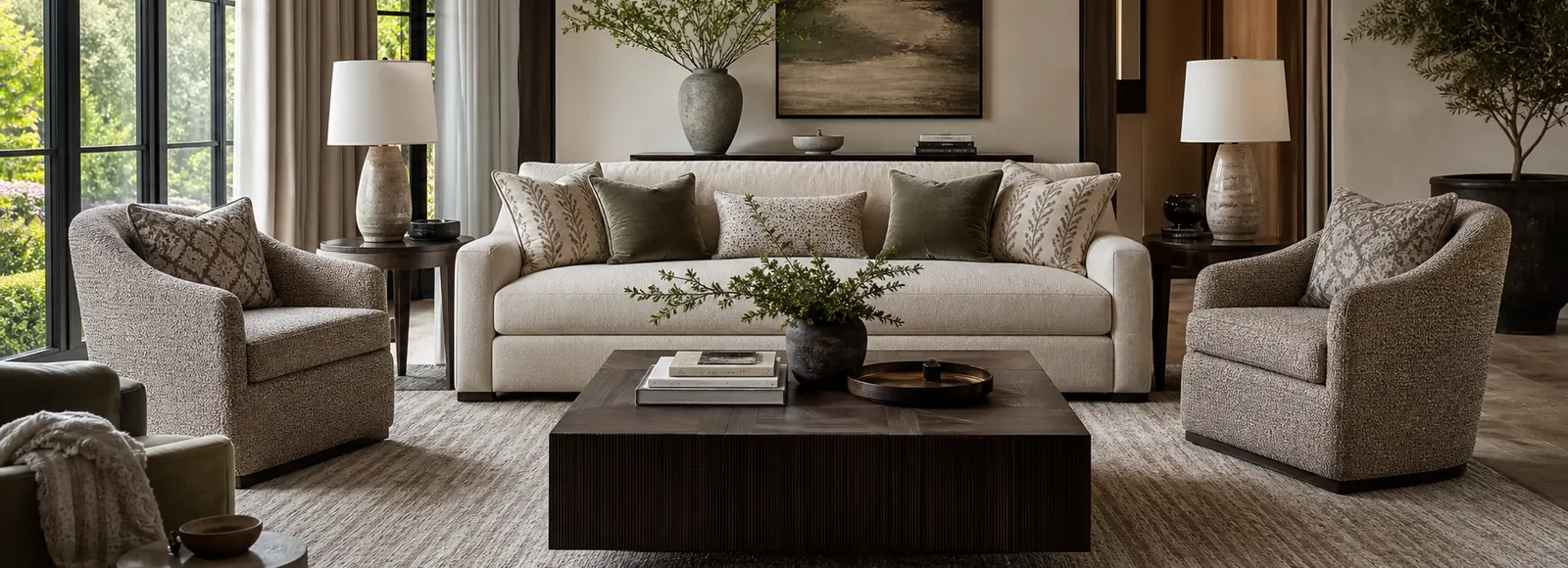Designer living room with premium upholstered seating and layered textile textures.