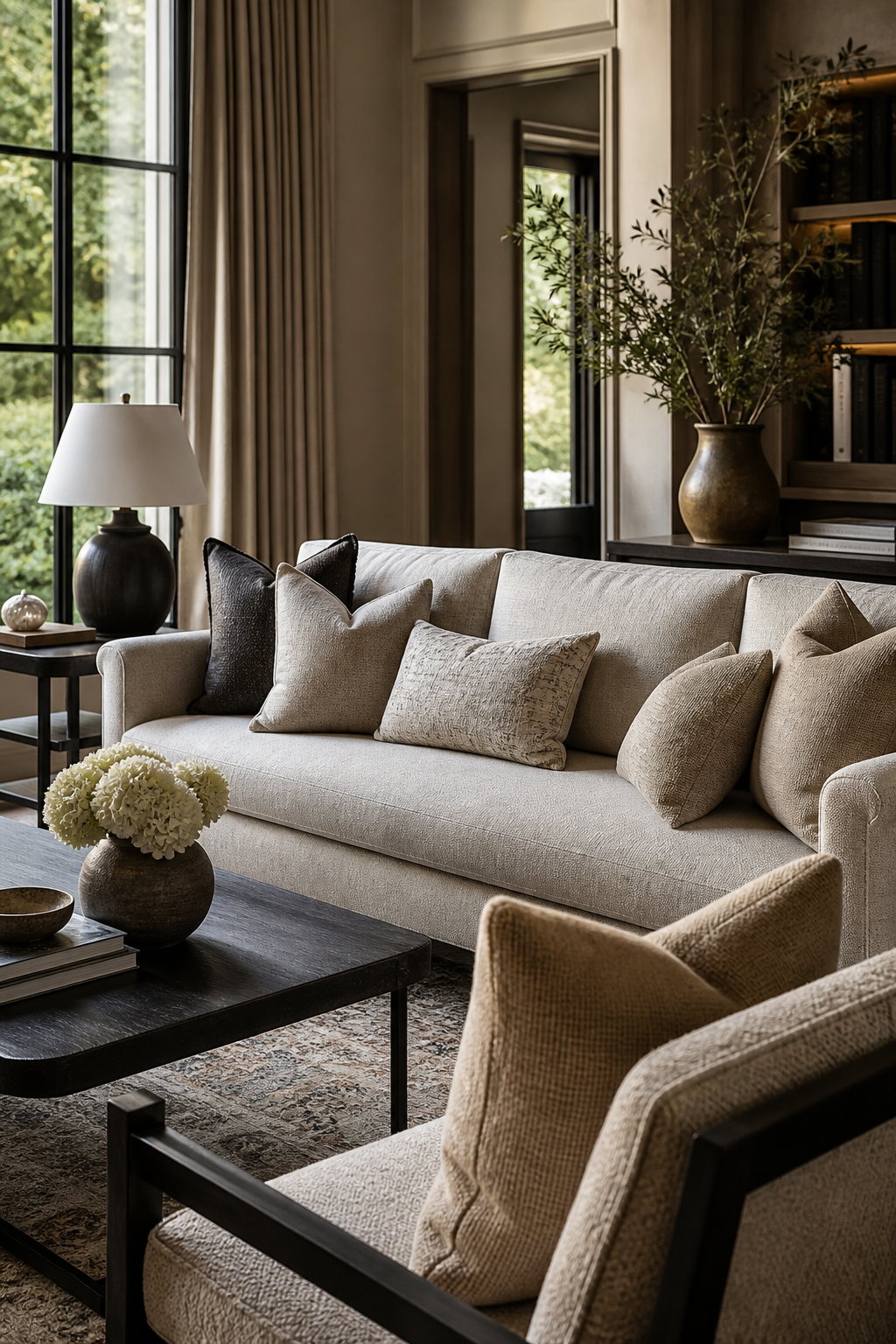 A refined finished living room with rich designer upholstery textures.
