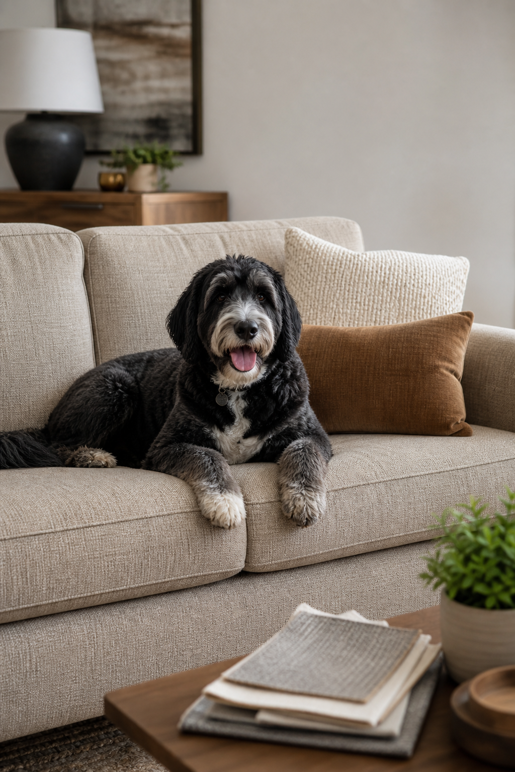 Dog lounging on a contrasting textured upholstered couch in a warm living room, showing practical dog-friendly sofa fabric use.