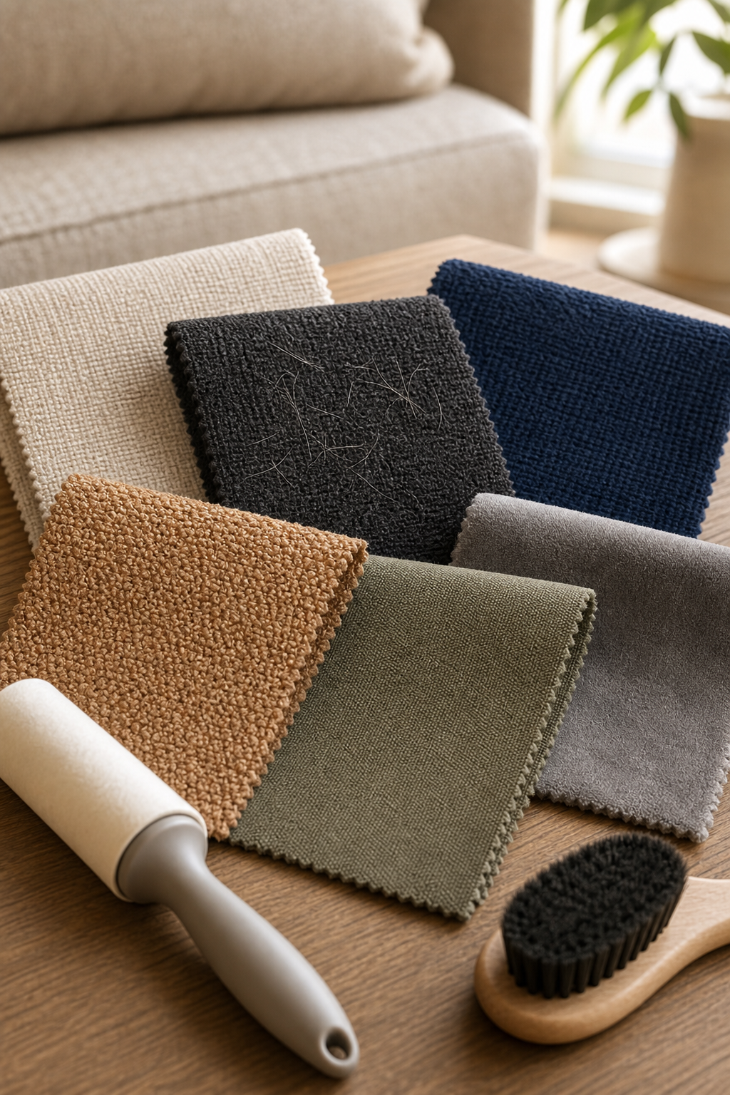 Upholstery fabric swatches with a lint roller and visible dog hair for comparing dog household fabric samples.