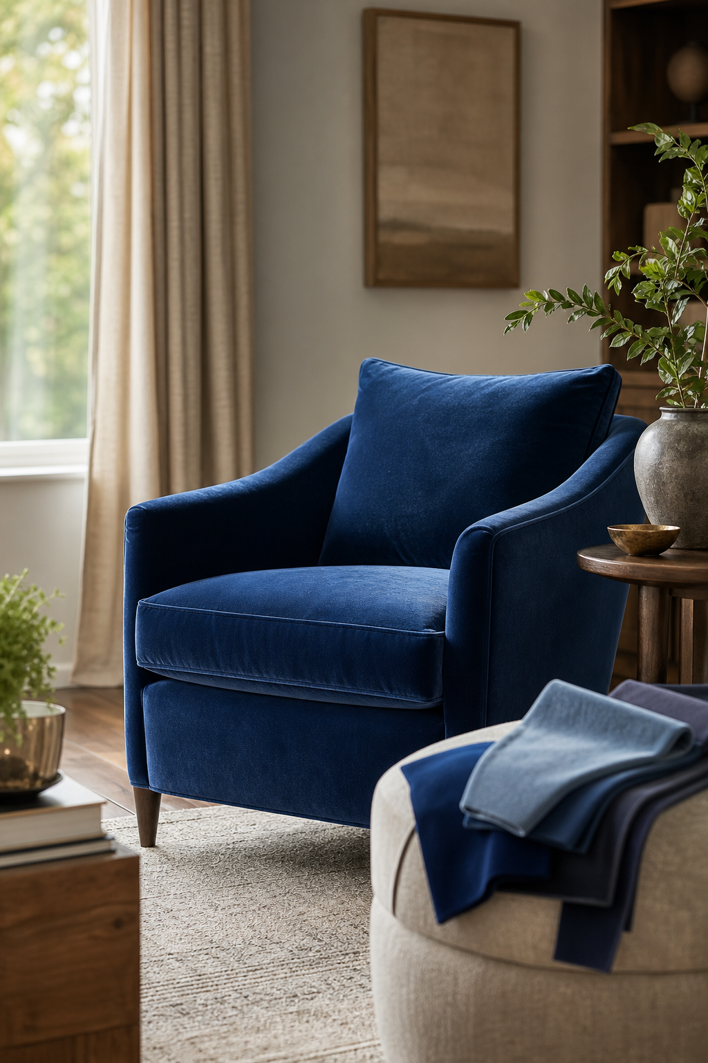 Blue velvet upholstered seating in natural light showing pile, shade, and room context.