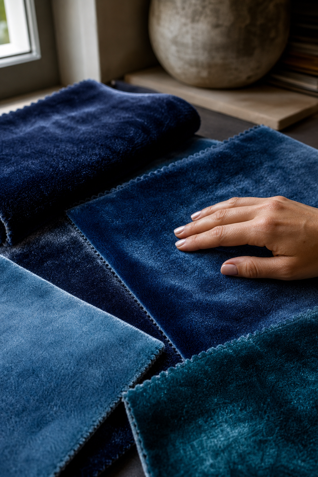 Blue velvet swatches in several shades showing nap, pile, and sheen in natural light.