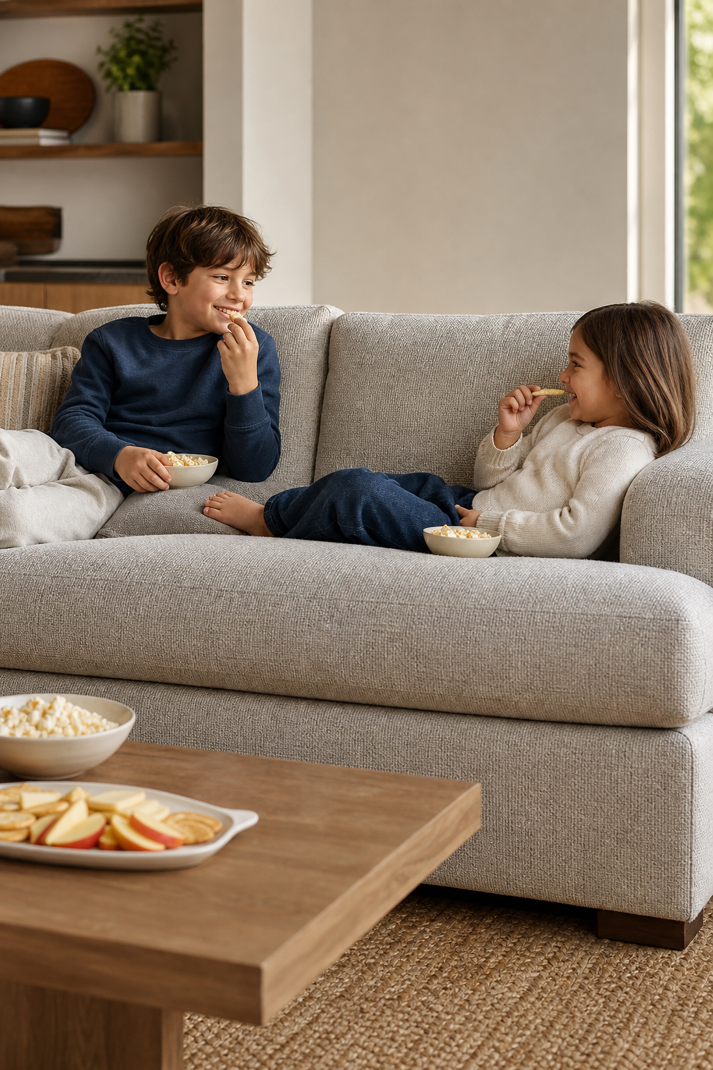 Kids relaxing on a textured upholstered sofa while eating snacks in a family room, showing everyday sofa fabric use.