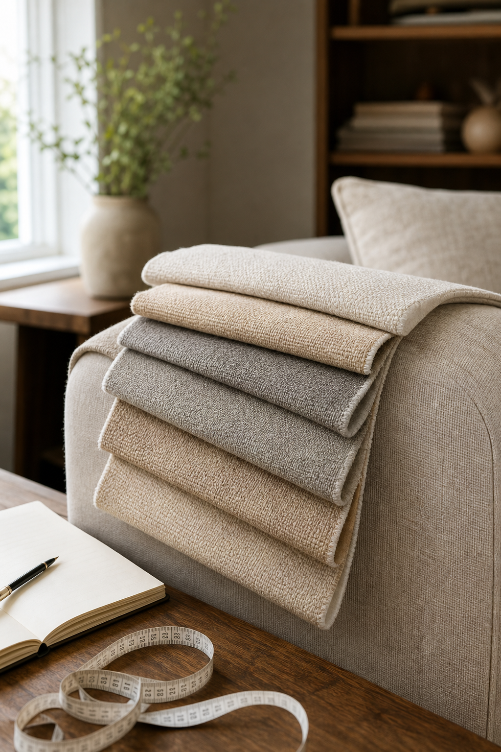 Neutral upholstery fabric swatches draped over a sofa arm for comparing texture, hand, backing, and color.