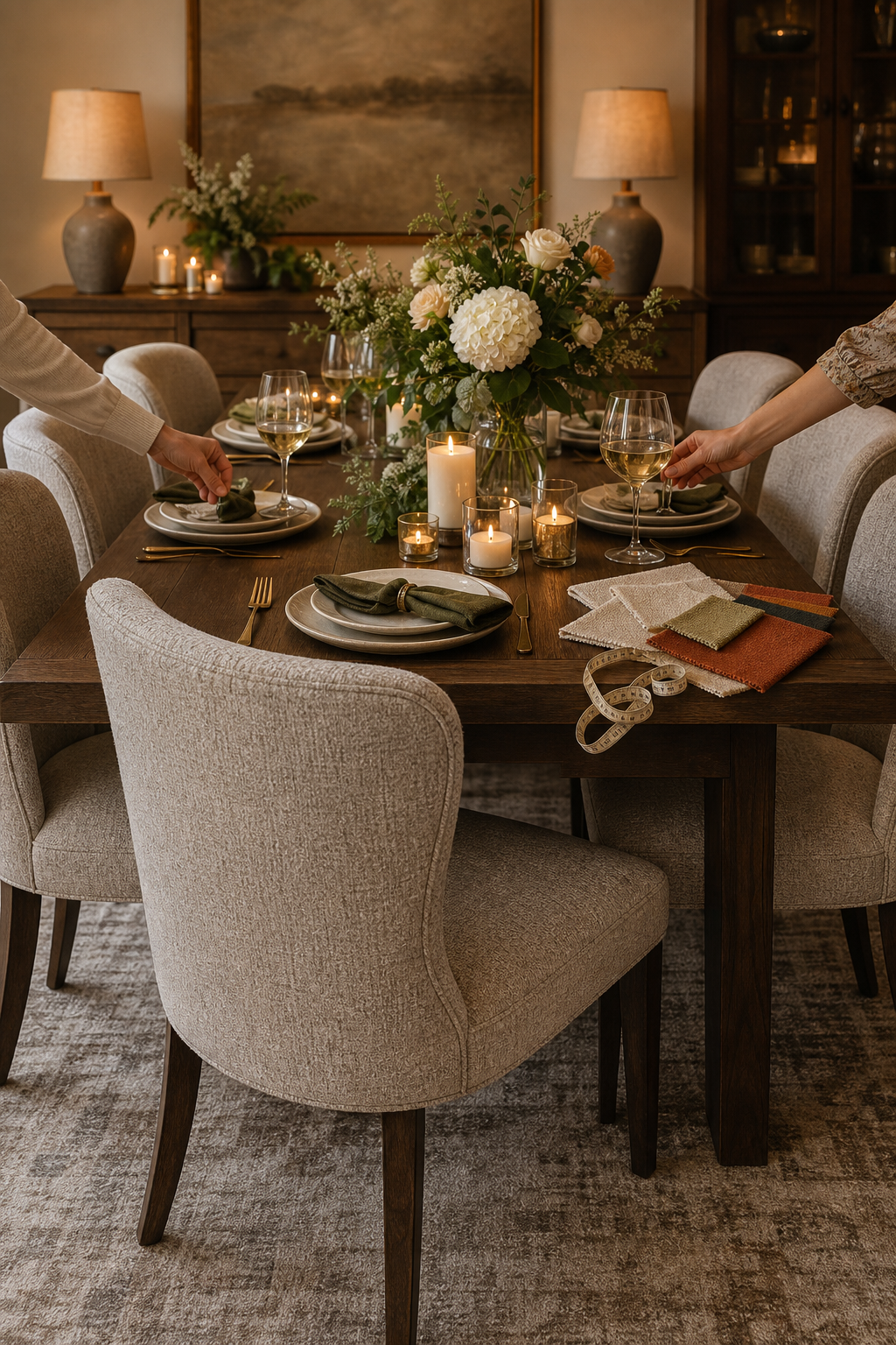Hands arranging a festive dining table with upholstered chairs, fabric swatches, and measuring tape nearby.
