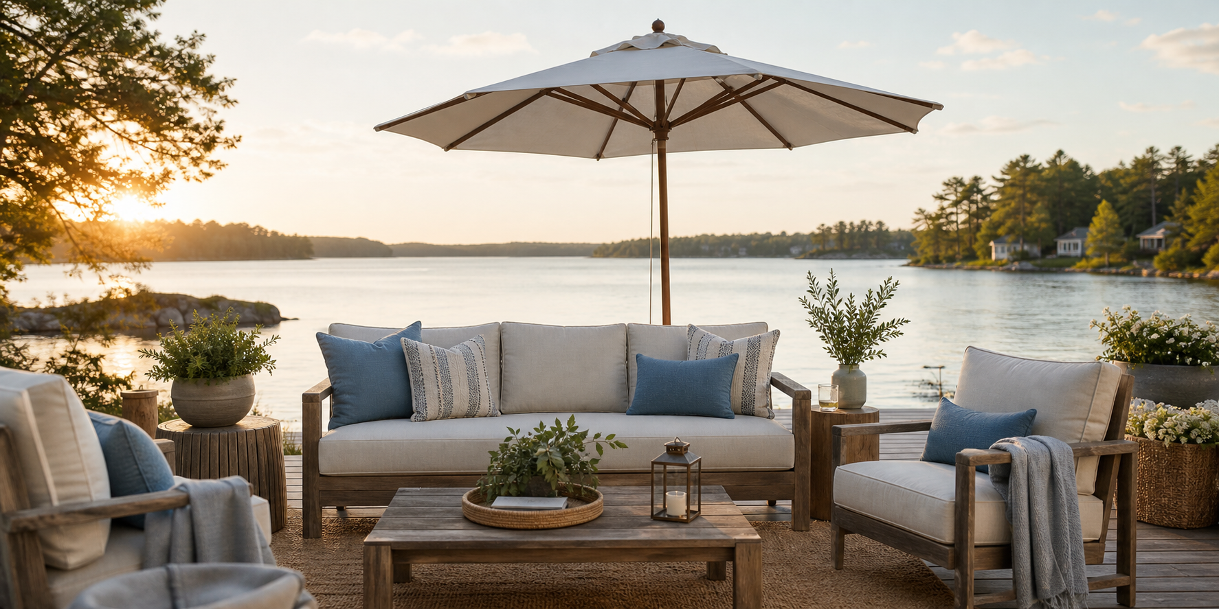 Outdoor patio furniture with upholstered cushions under a parasol overlooking a lake.