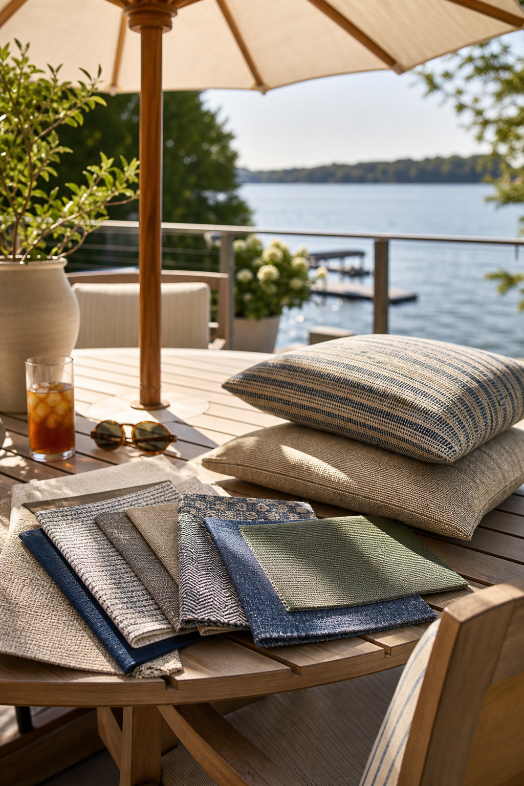Outdoor fabric swatches on a lakeside patio table beneath a parasol beside patio cushions.