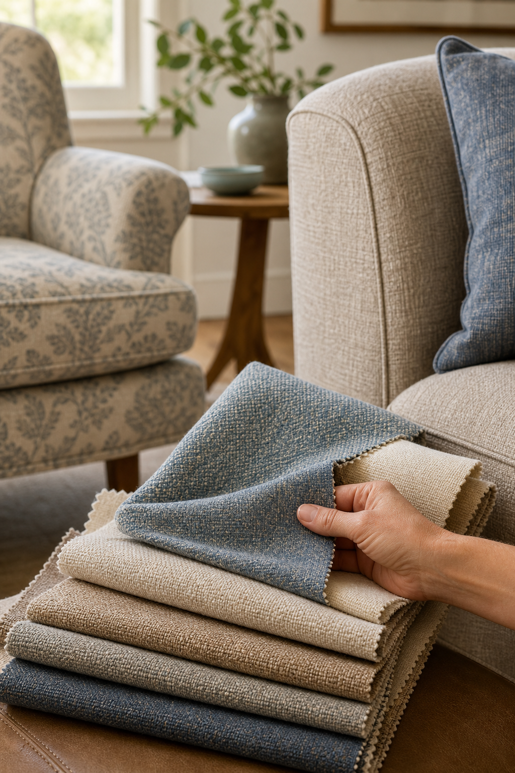 Charlotte Fabrics upholstery samples shown with a sofa and accent chair for texture and color comparison