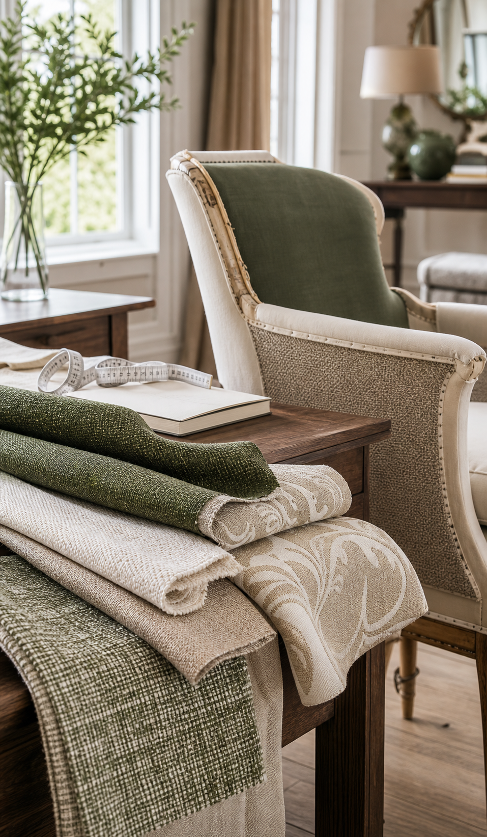 Greenhouse Fabrics upholstery fabric samples arranged beside a chair for sample-first yardage planning