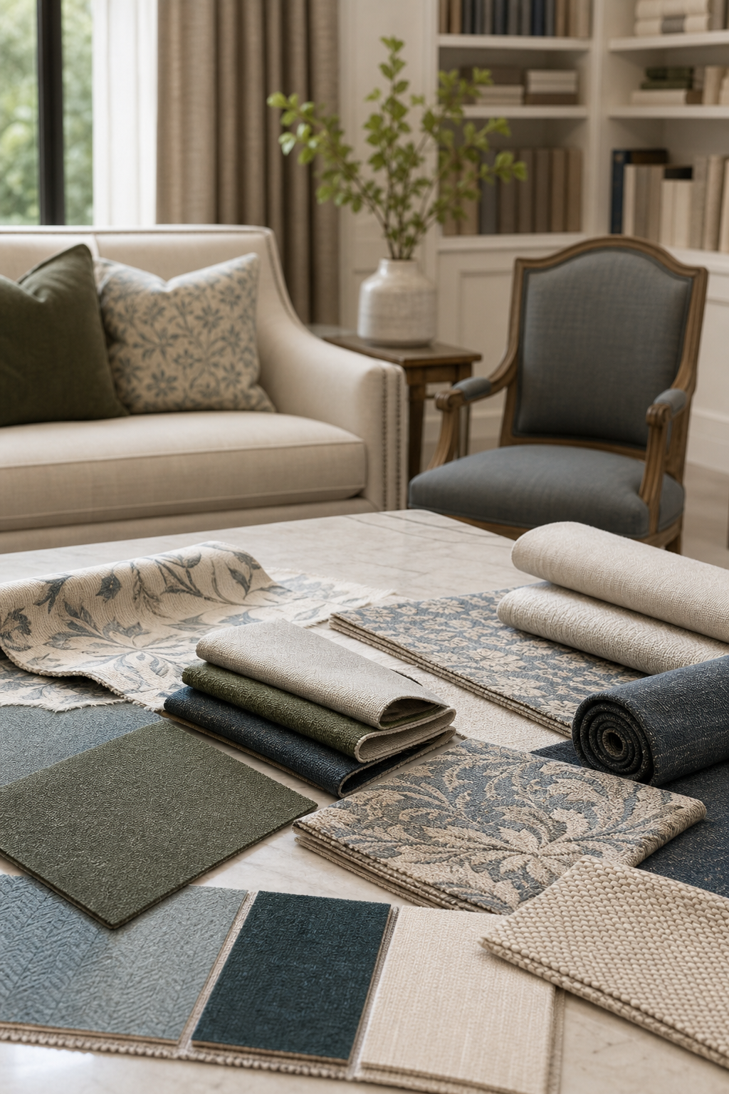 Kravet fabric samples with patterned upholstery swatches in an interior design studio