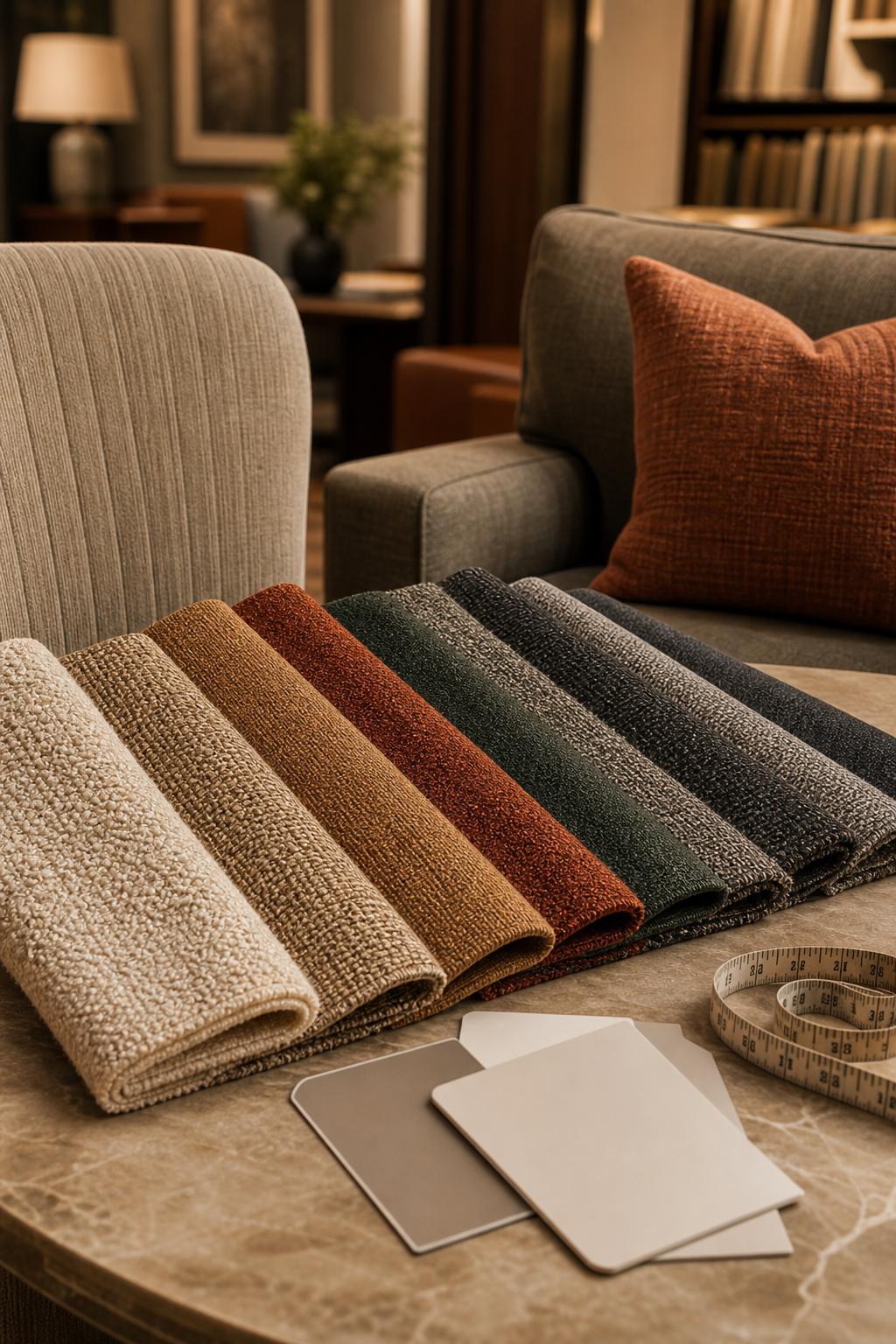Barrow Fabrics upholstery samples arranged for residential and commercial seating yardage planning