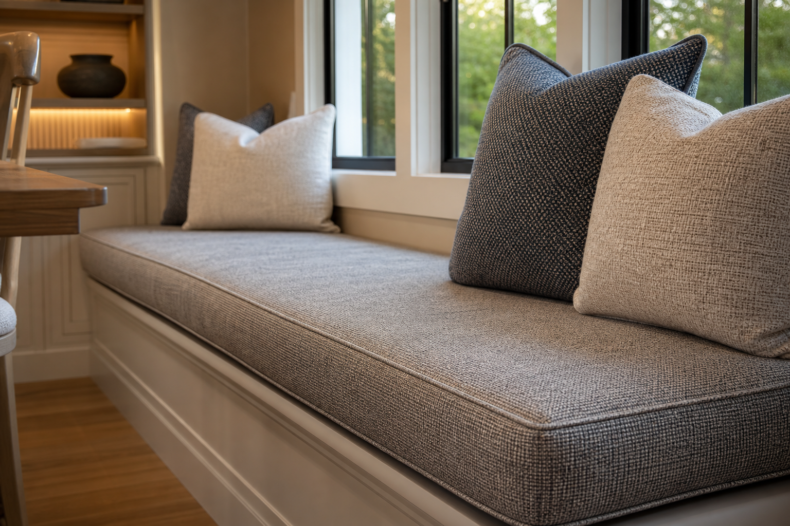 Bench Cushion Fabric cadence lifestyle break image showing window seats fabric samples and project planning