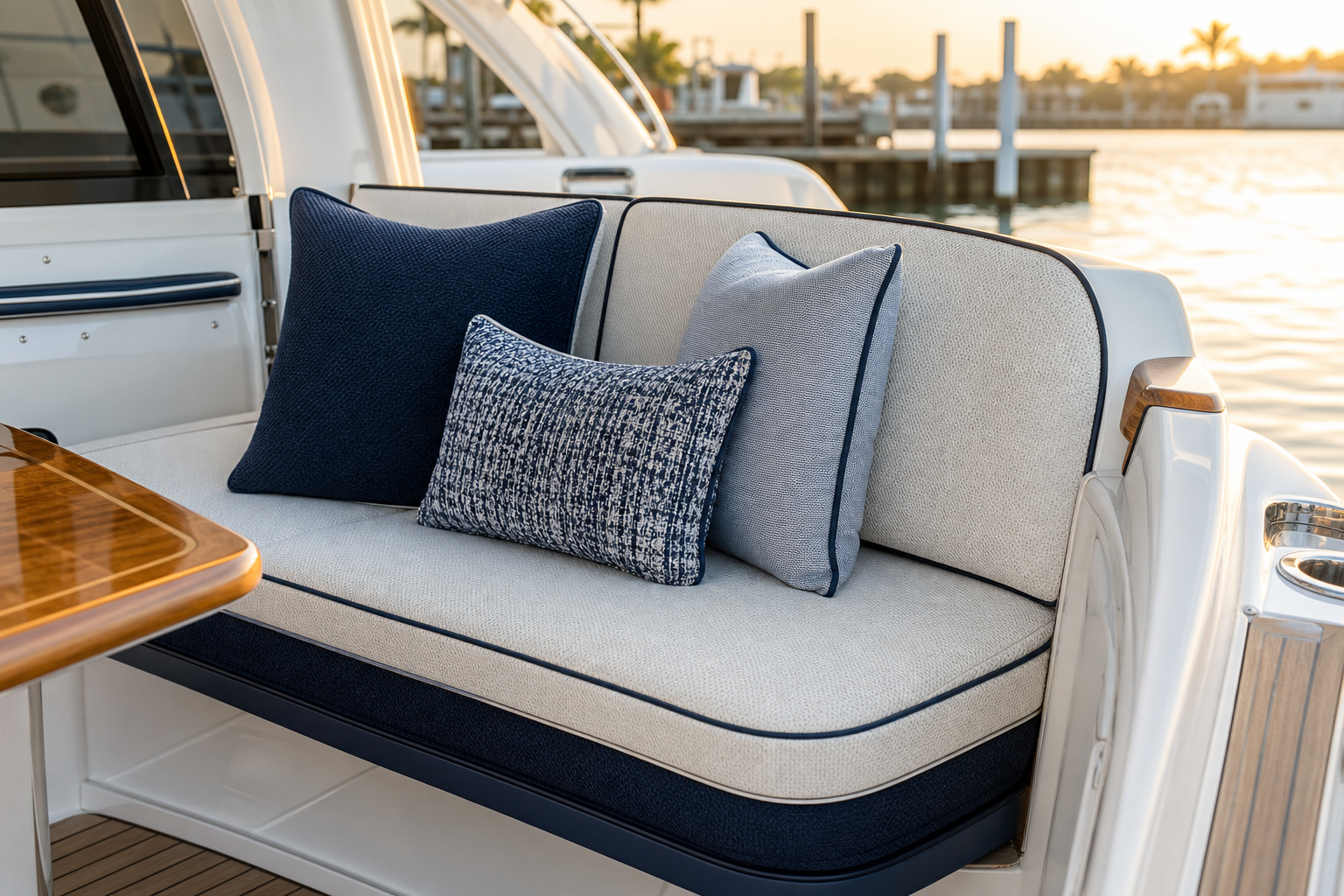 Boat Upholstery Fabric cadence lifestyle break image showing marine seating cushions fabric samples and project planning