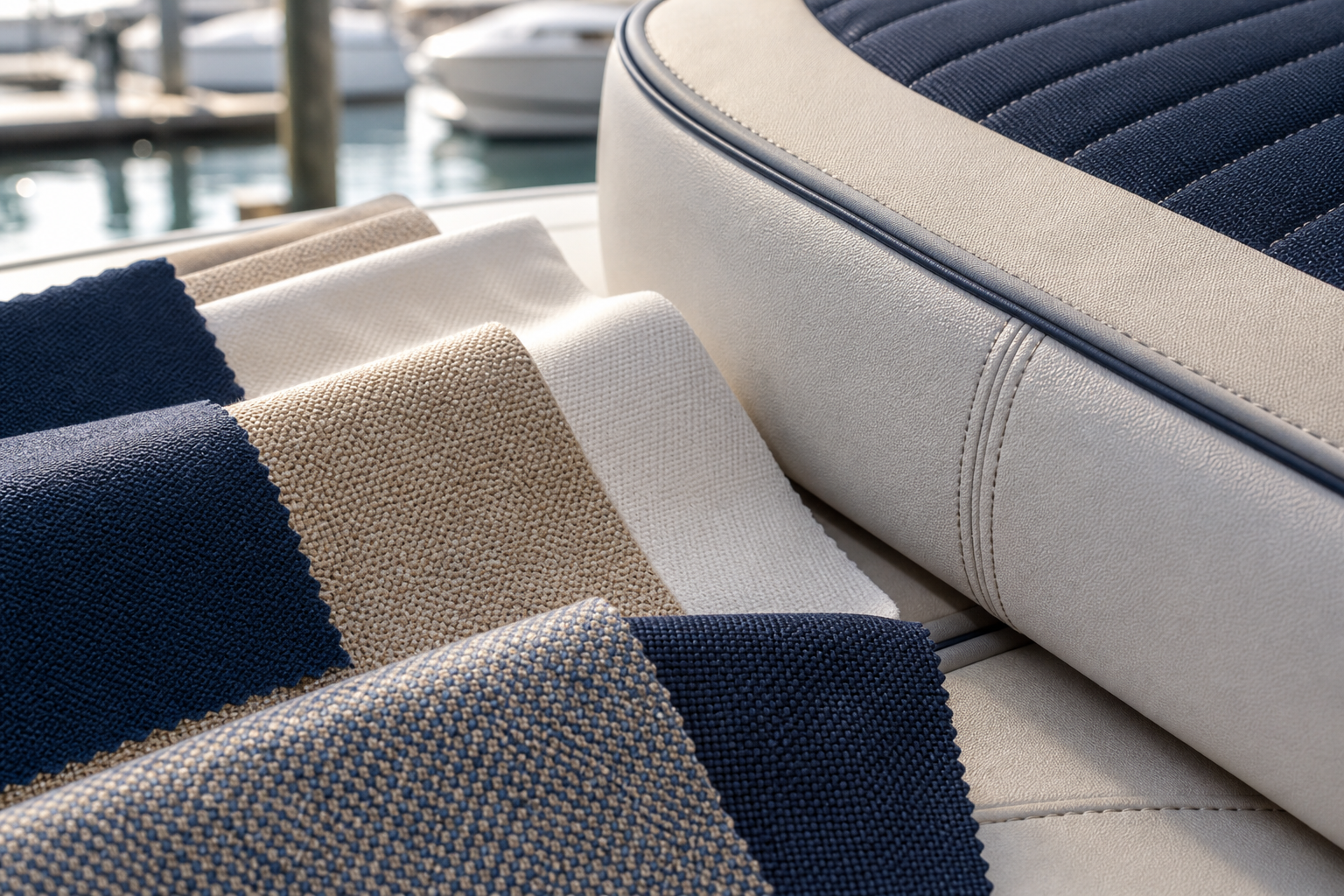 Boat Upholstery Fabric tactile samples image showing marine seating cushions fabric samples and project planning