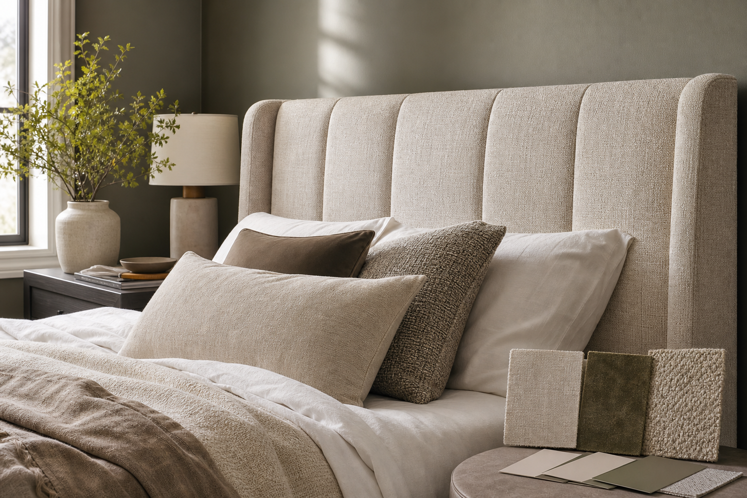 Headboard Upholstery Fabric cadence lifestyle break image showing bedroom headboards fabric samples and project planning