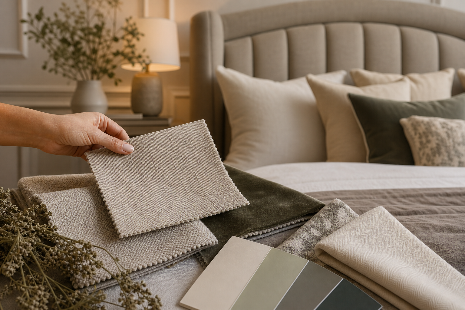 Headboard Upholstery Fabric tactile samples image showing bedroom headboards fabric samples and project planning