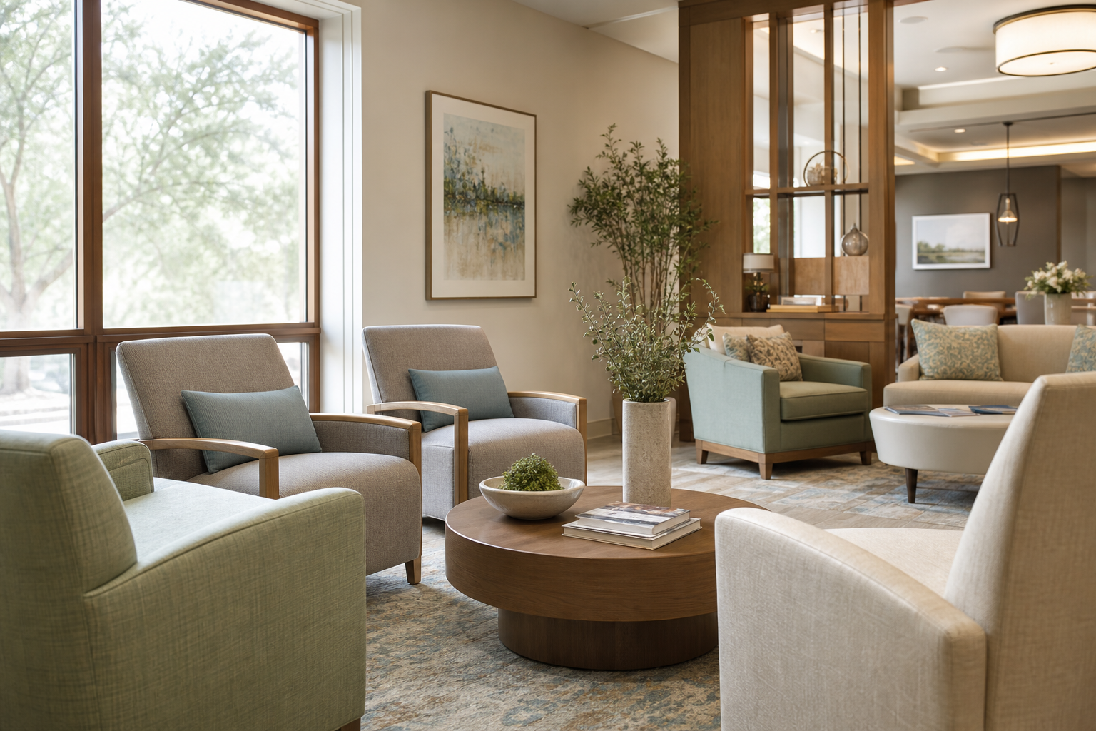 Healthcare Upholstery Fabric cadence lifestyle break image showing waiting-room chairs fabric samples and project planning