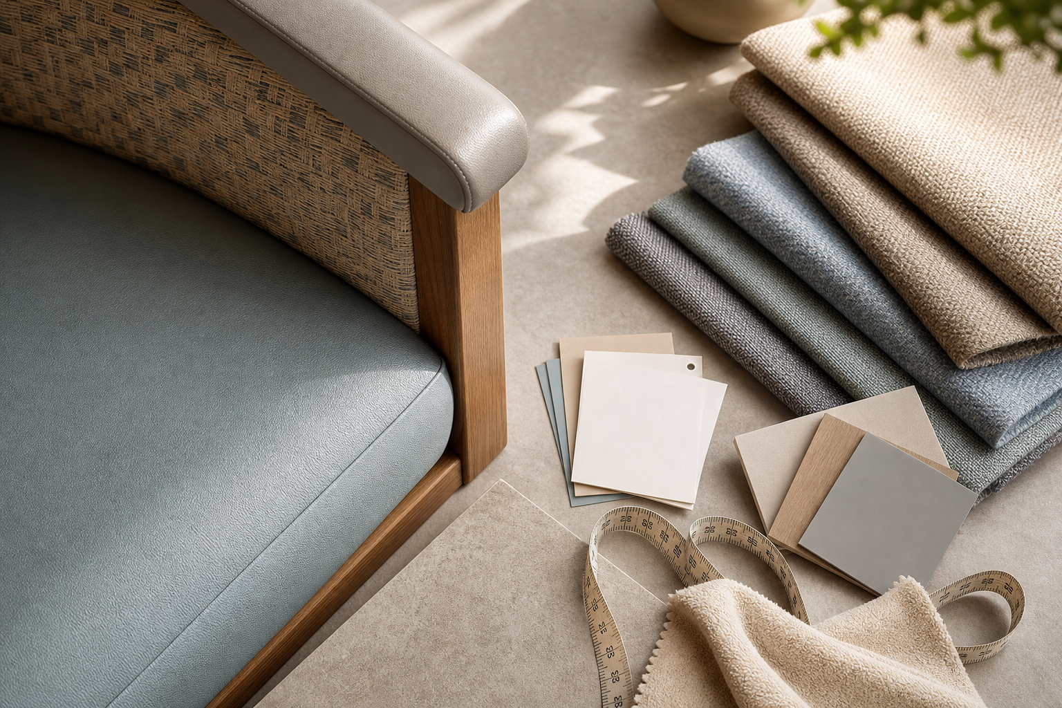 Healthcare Upholstery Fabric quick decision interior image showing waiting-room chairs fabric samples and project planning