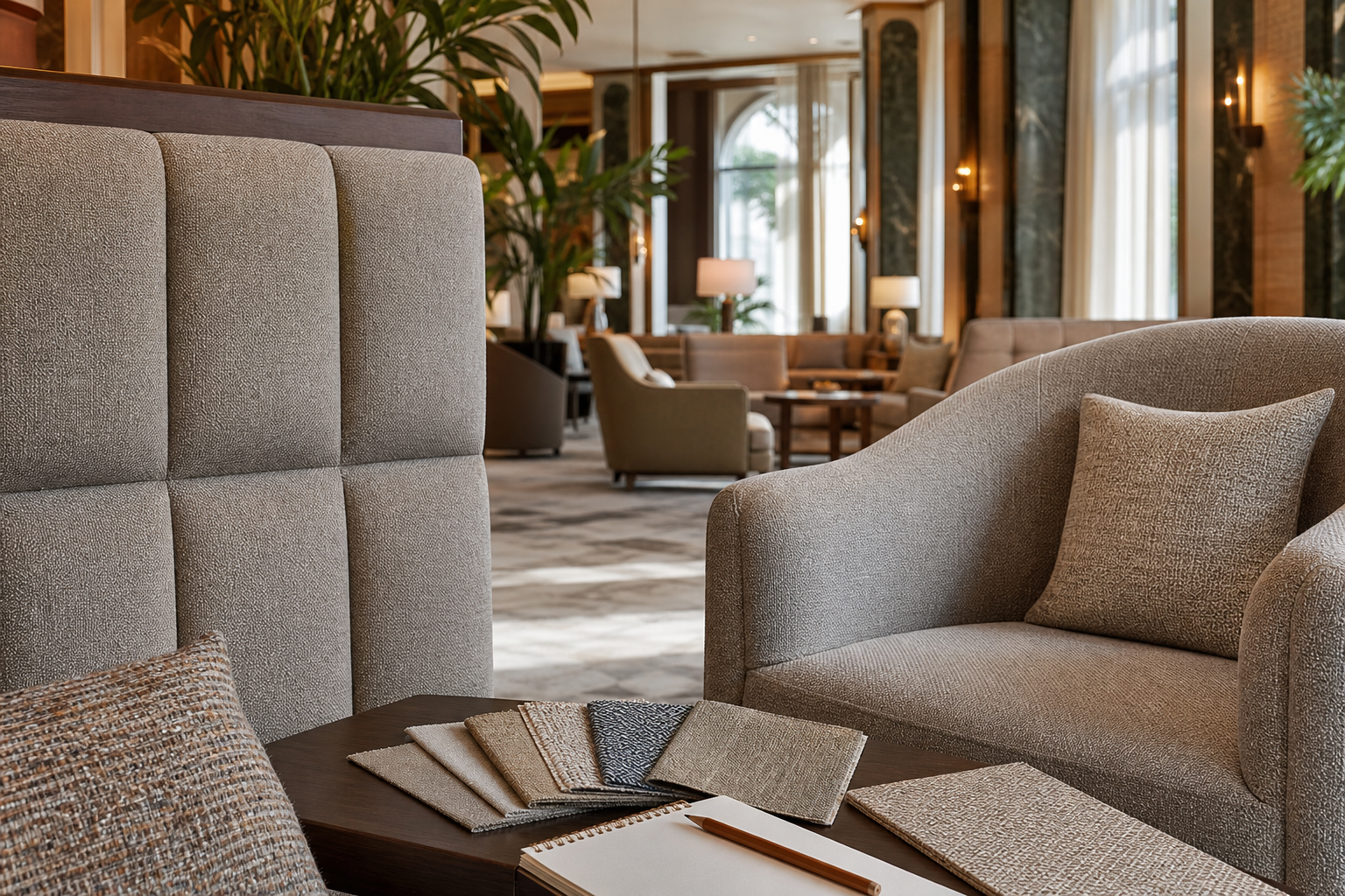 Hotel Upholstery Fabric cadence lifestyle break image showing hotel lobby chairs fabric samples and project planning