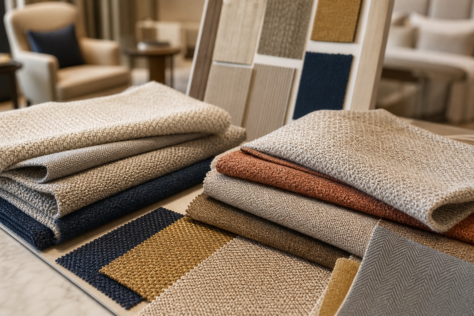 Hotel Upholstery Fabric tactile samples image showing hotel lobby chairs fabric samples and project planning
