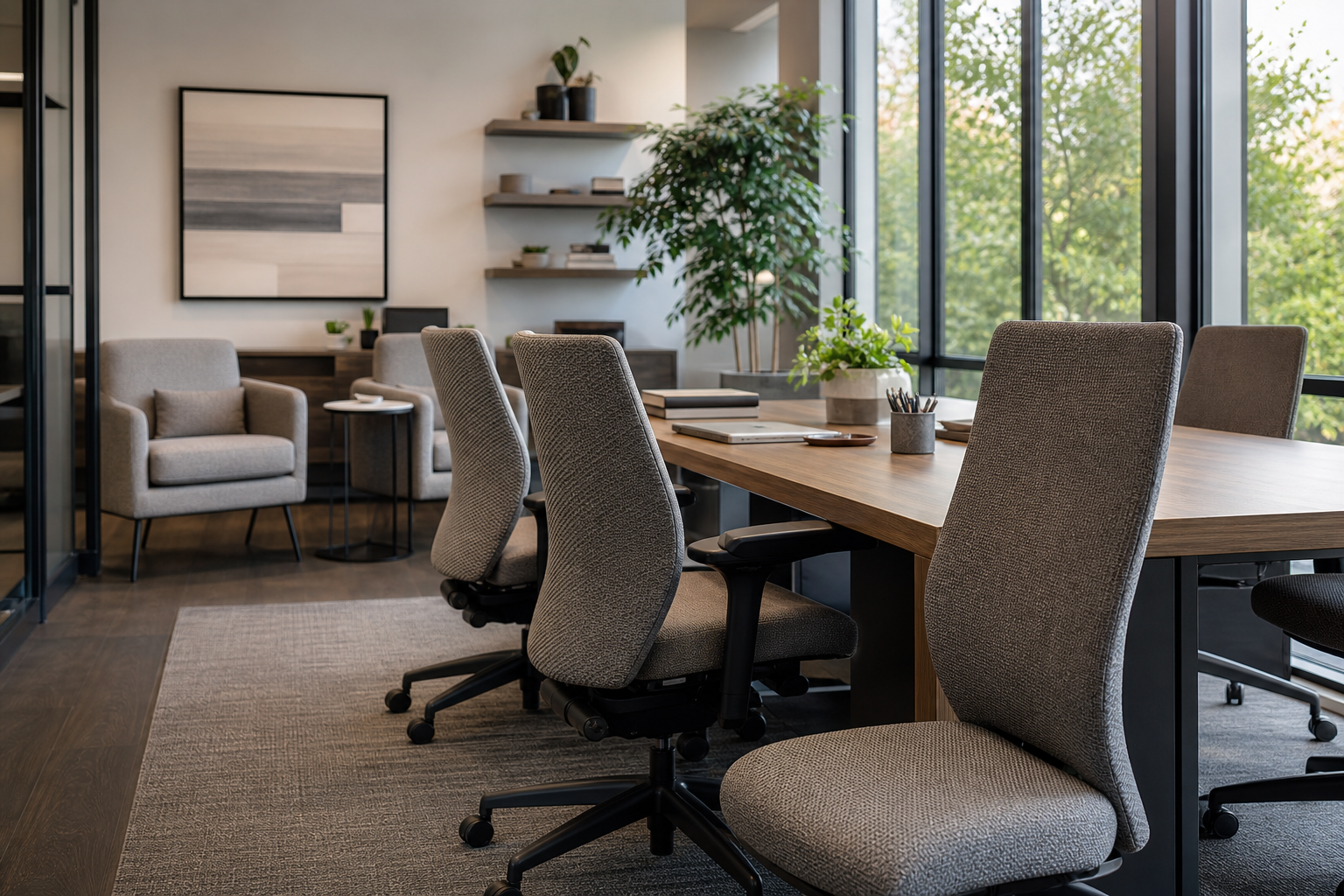 Office Chair Upholstery Fabric cadence lifestyle break image showing task chairs fabric samples and project planning