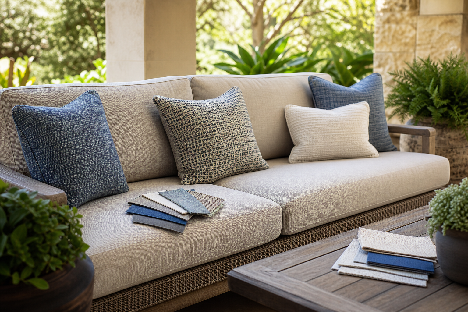 Patio Cushion Fabric cadence lifestyle break image showing outdoor cushions fabric samples and project planning