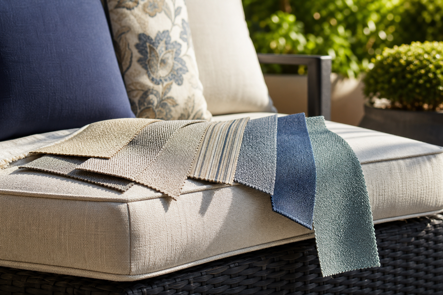 Patio Cushion Fabric tactile samples image showing outdoor cushions fabric samples and project planning