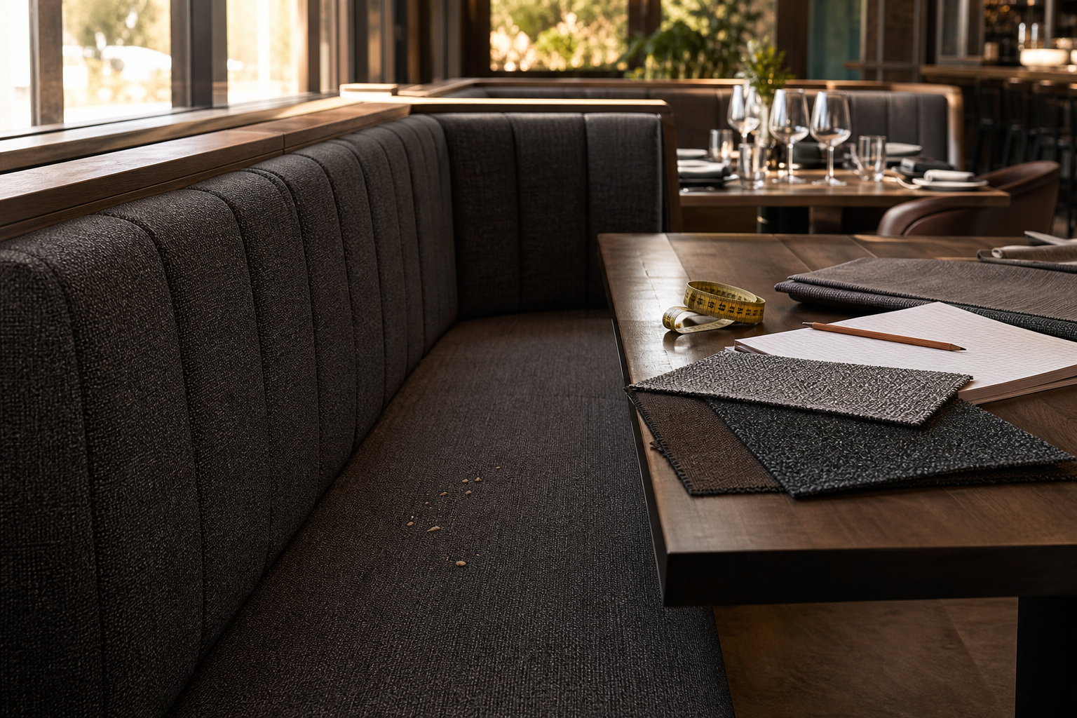 Restaurant Booth Upholstery Fabric cadence lifestyle break image showing banquette seating fabric samples and project planning
