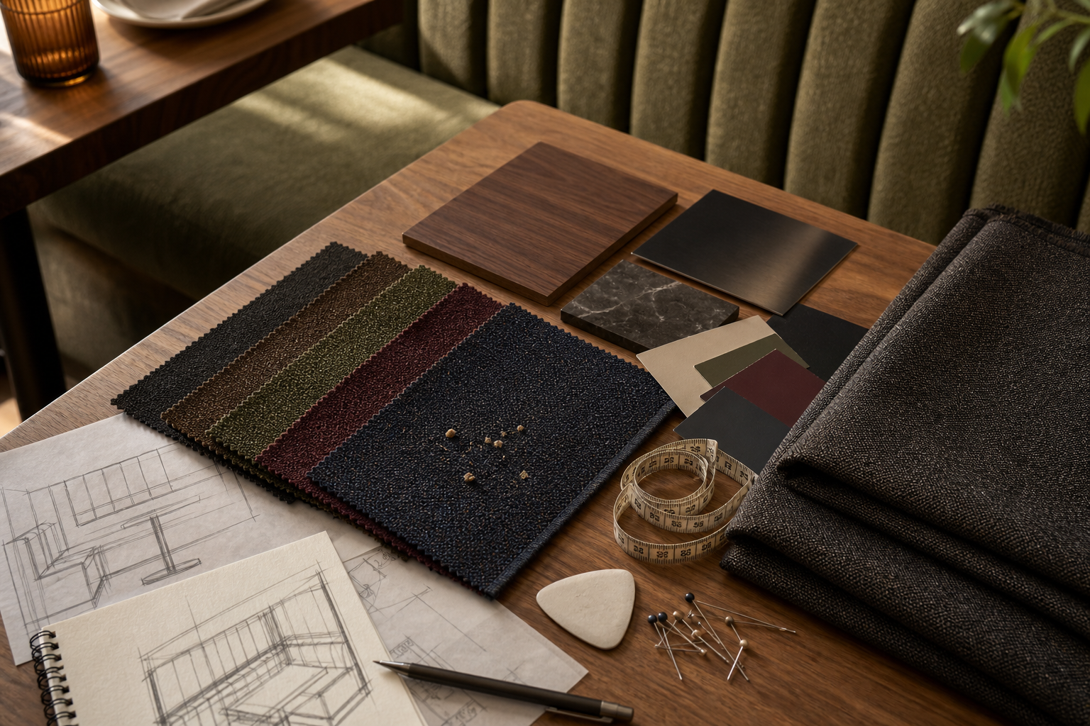 Restaurant Booth Upholstery Fabric quick decision interior image showing banquette seating fabric samples and project planning