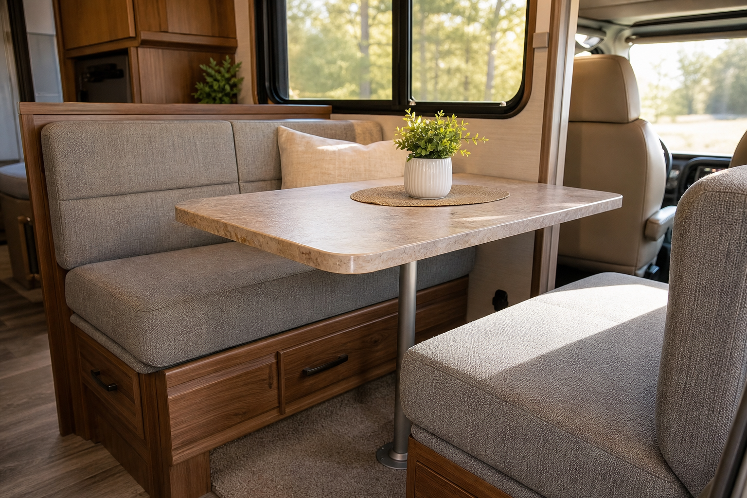 Rv Upholstery Fabric cadence lifestyle break image showing RV dinette cushions fabric samples and project planning