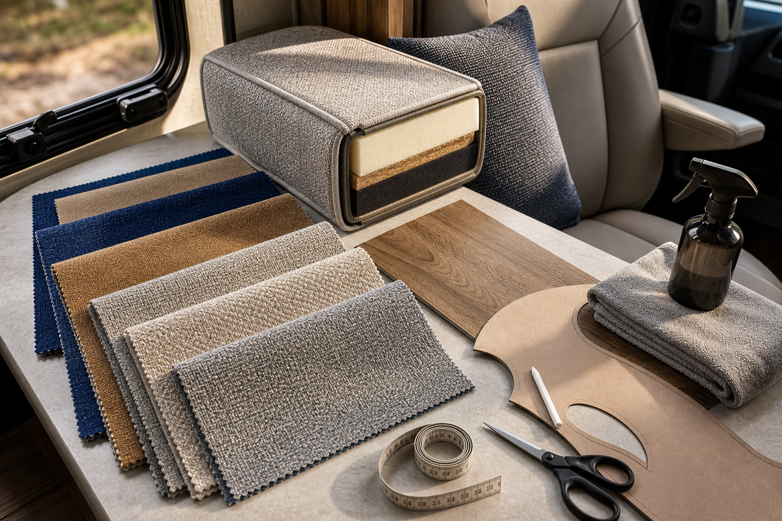 Rv Upholstery Fabric quick decision interior image showing RV dinette cushions fabric samples and project planning