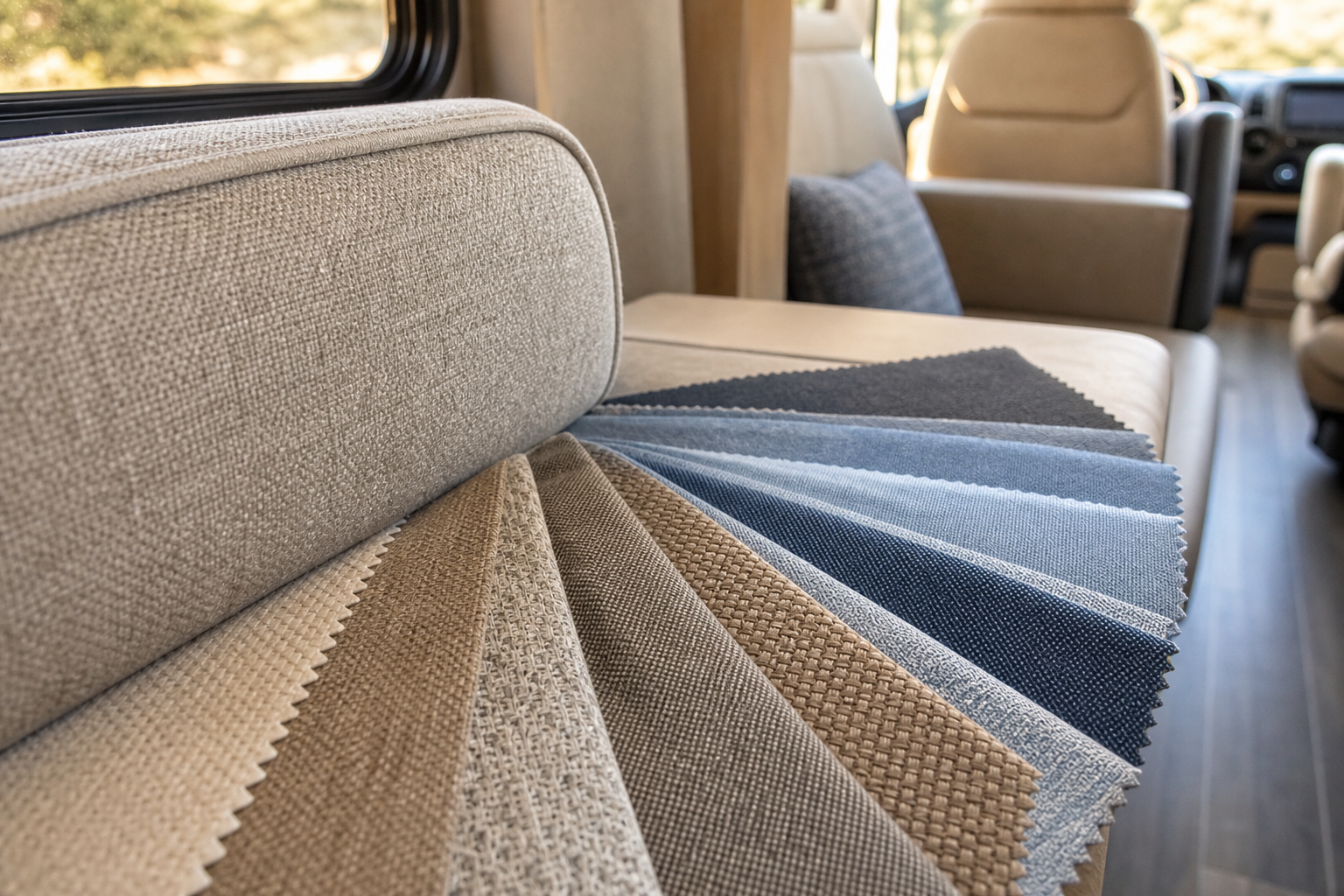 Rv Upholstery Fabric tactile samples image showing RV dinette cushions fabric samples and project planning