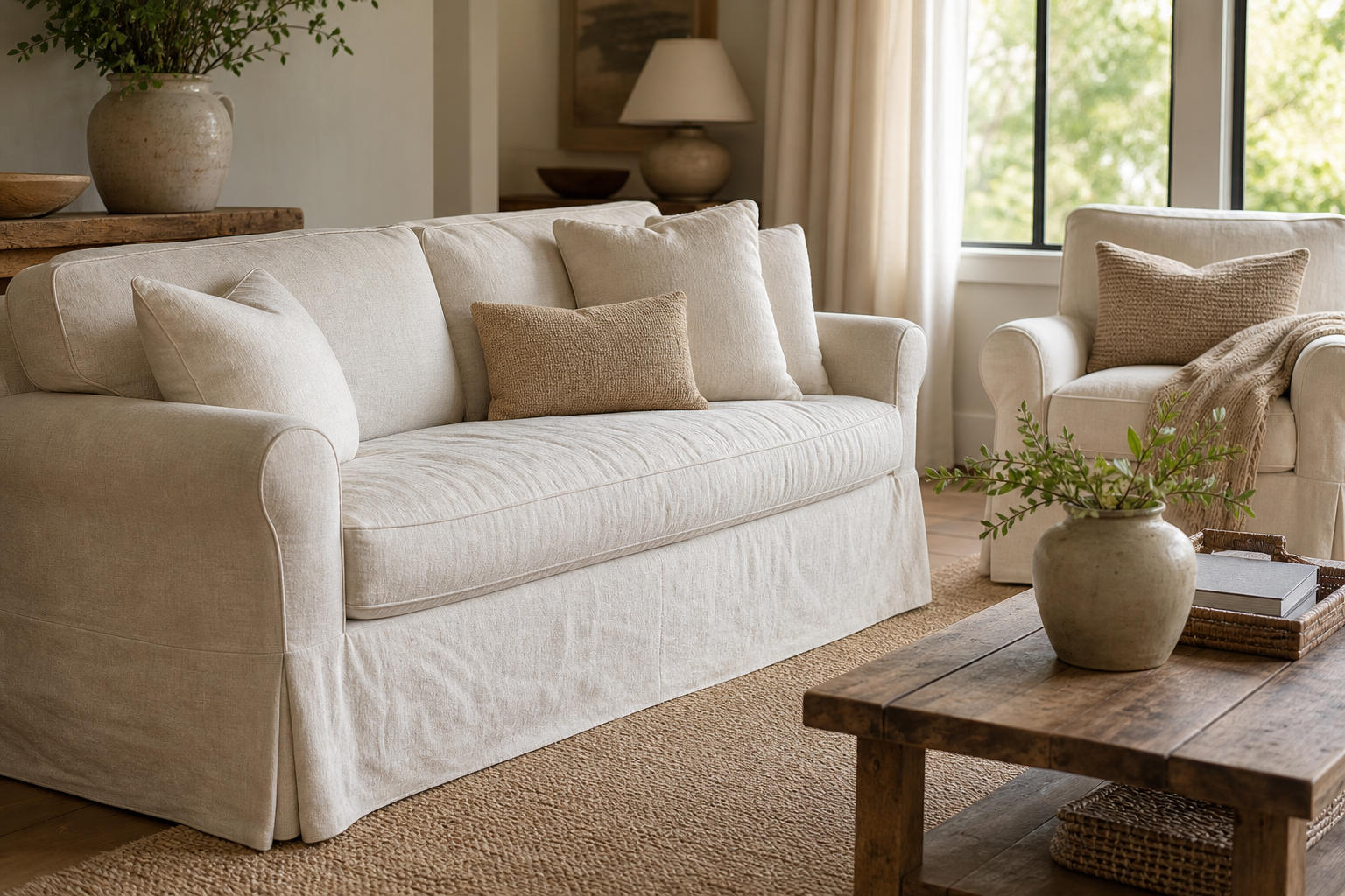 Slipcover Fabric cadence lifestyle break image showing sofa slipcovers fabric samples and project planning