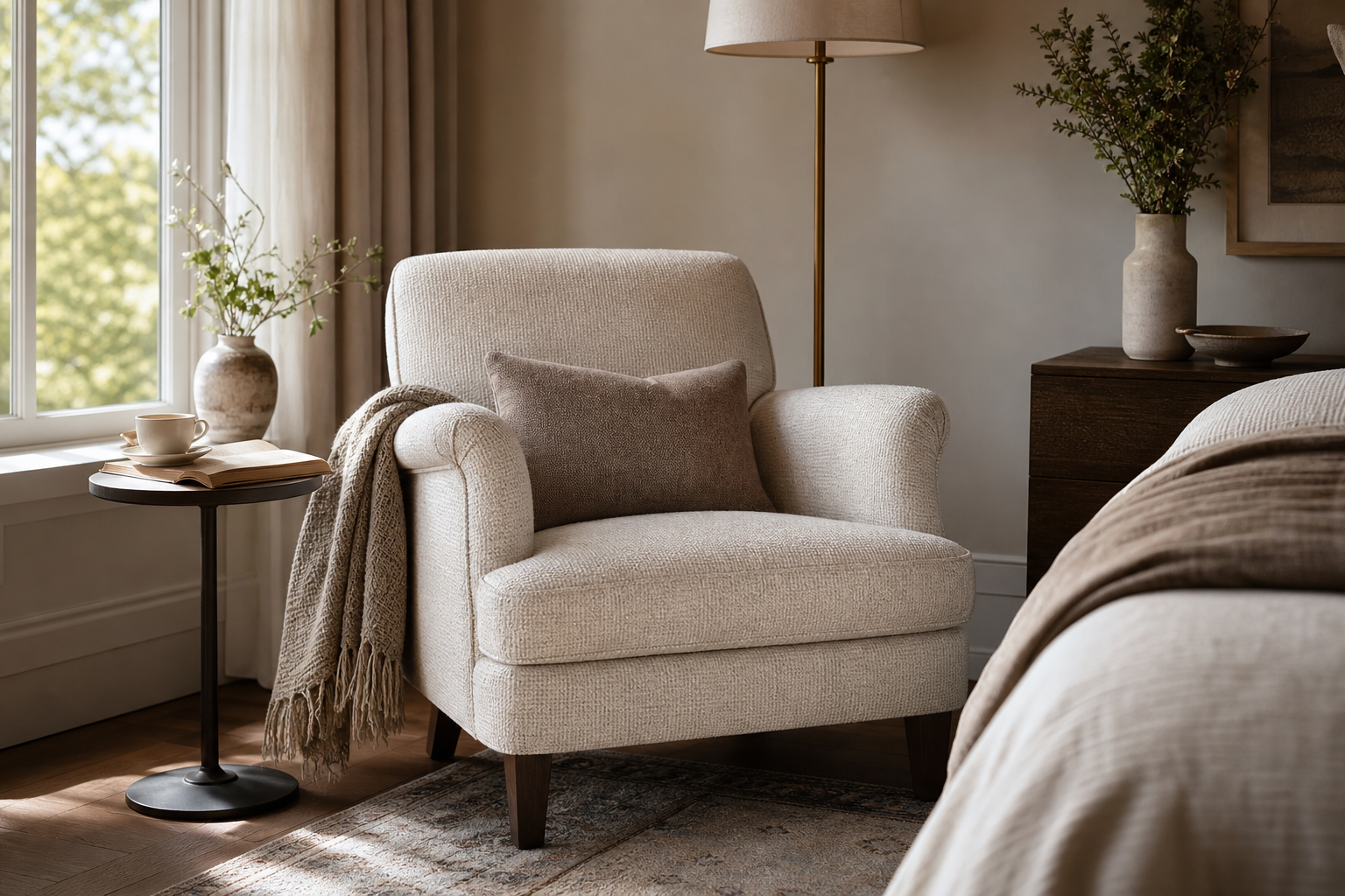 accent chair upholstery fabric finished furniture context showing the fabric decision in a real room