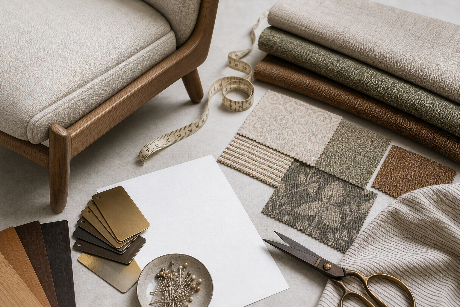 accent chair upholstery fabric designer planning flat lay with swatches, finishes, measuring, and yardage cues
