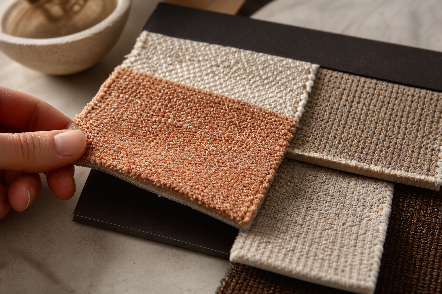 accent chair upholstery fabric sample swatches showing texture, weave, backing, thickness, and color comparison
