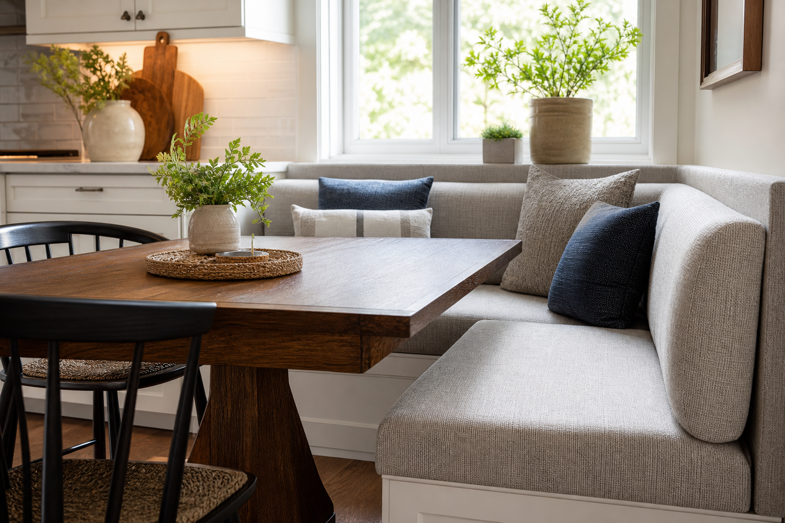 banquette upholstery fabric finished furniture context showing the fabric decision in a real room