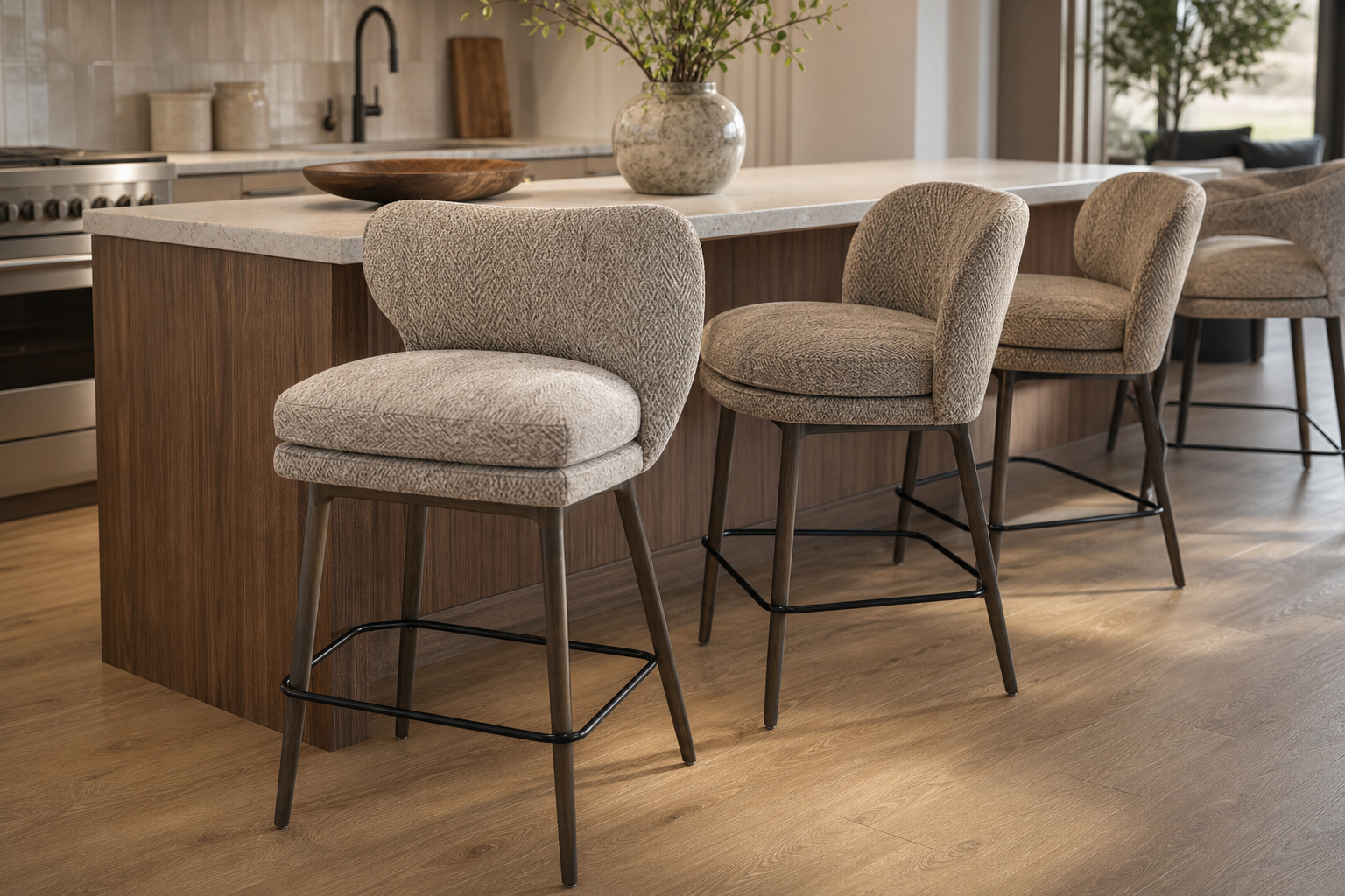 bar stool upholstery fabric finished furniture context showing the fabric decision in a real room