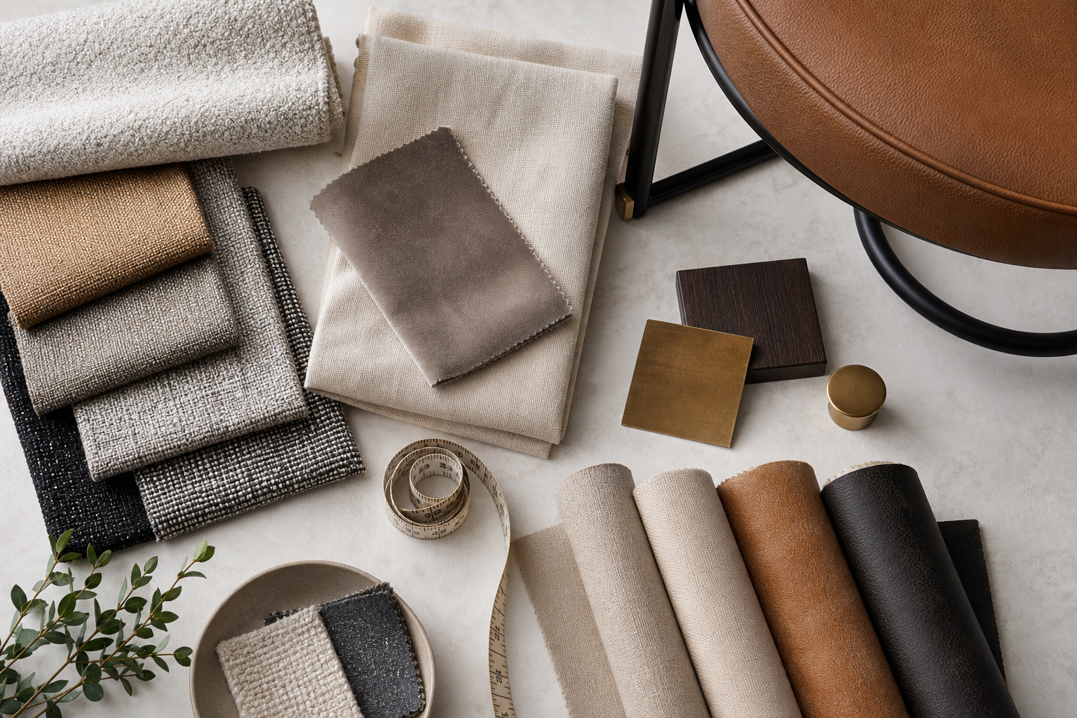 bar stool upholstery fabric designer planning flat lay with swatches, finishes, measuring, and yardage cues