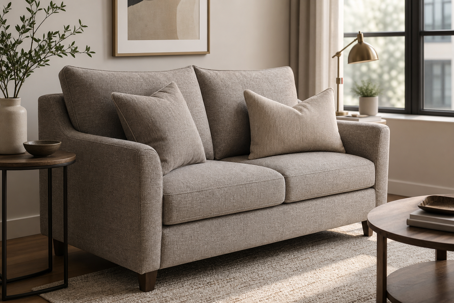 loveseat upholstery fabric finished furniture context showing the fabric decision in a real room