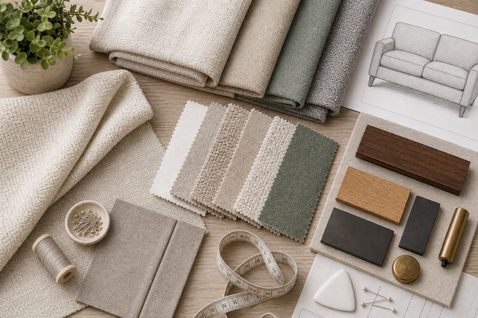 loveseat upholstery fabric designer planning flat lay with swatches, finishes, measuring, and yardage cues