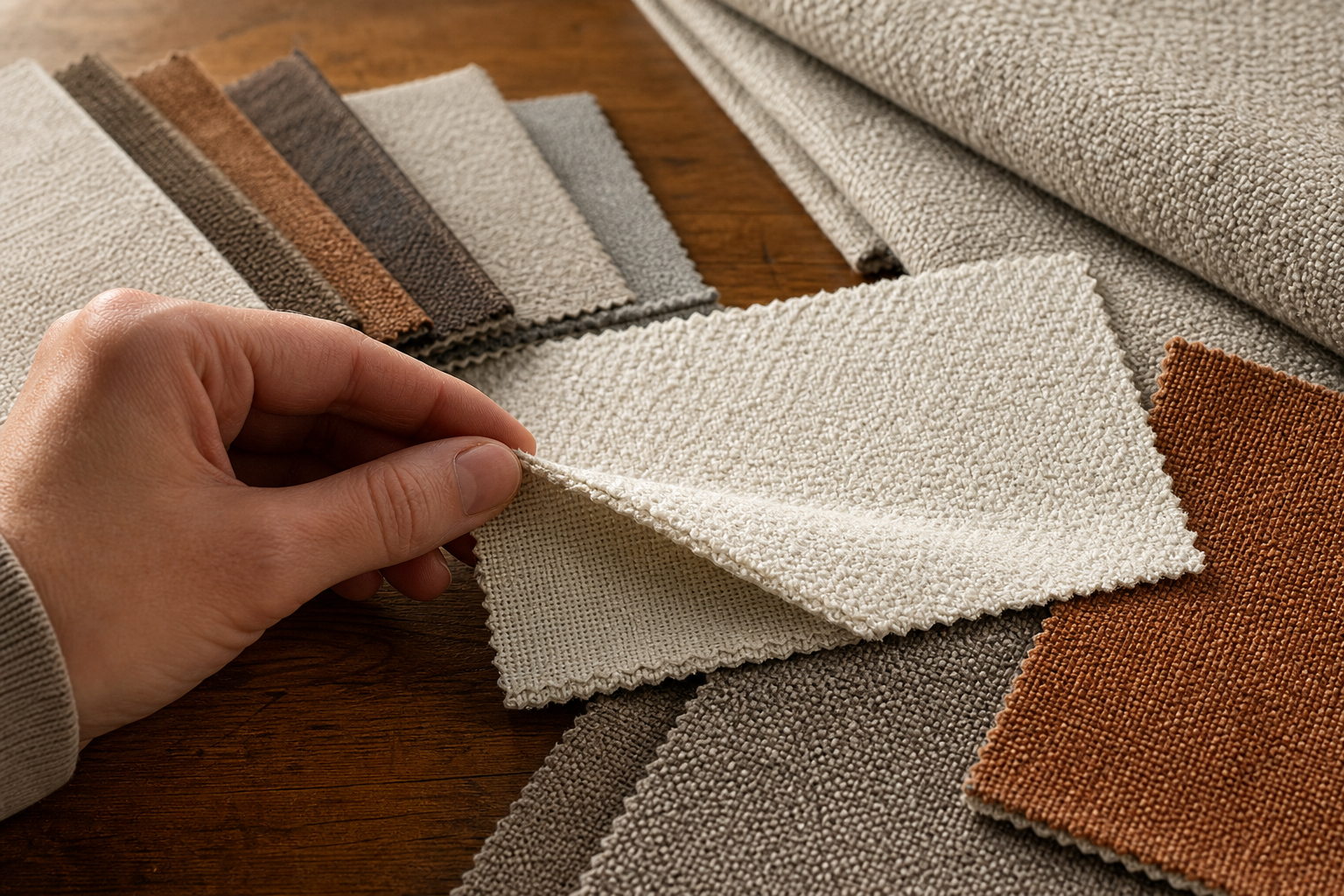 loveseat upholstery fabric sample swatches showing texture, weave, backing, thickness, and color comparison