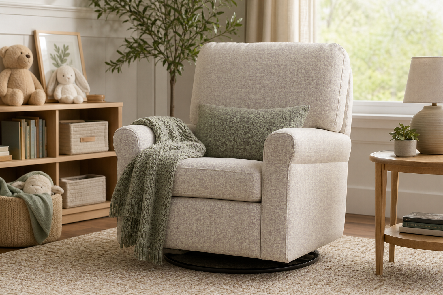 nursery glider upholstery fabric finished furniture context showing the fabric decision in a real room