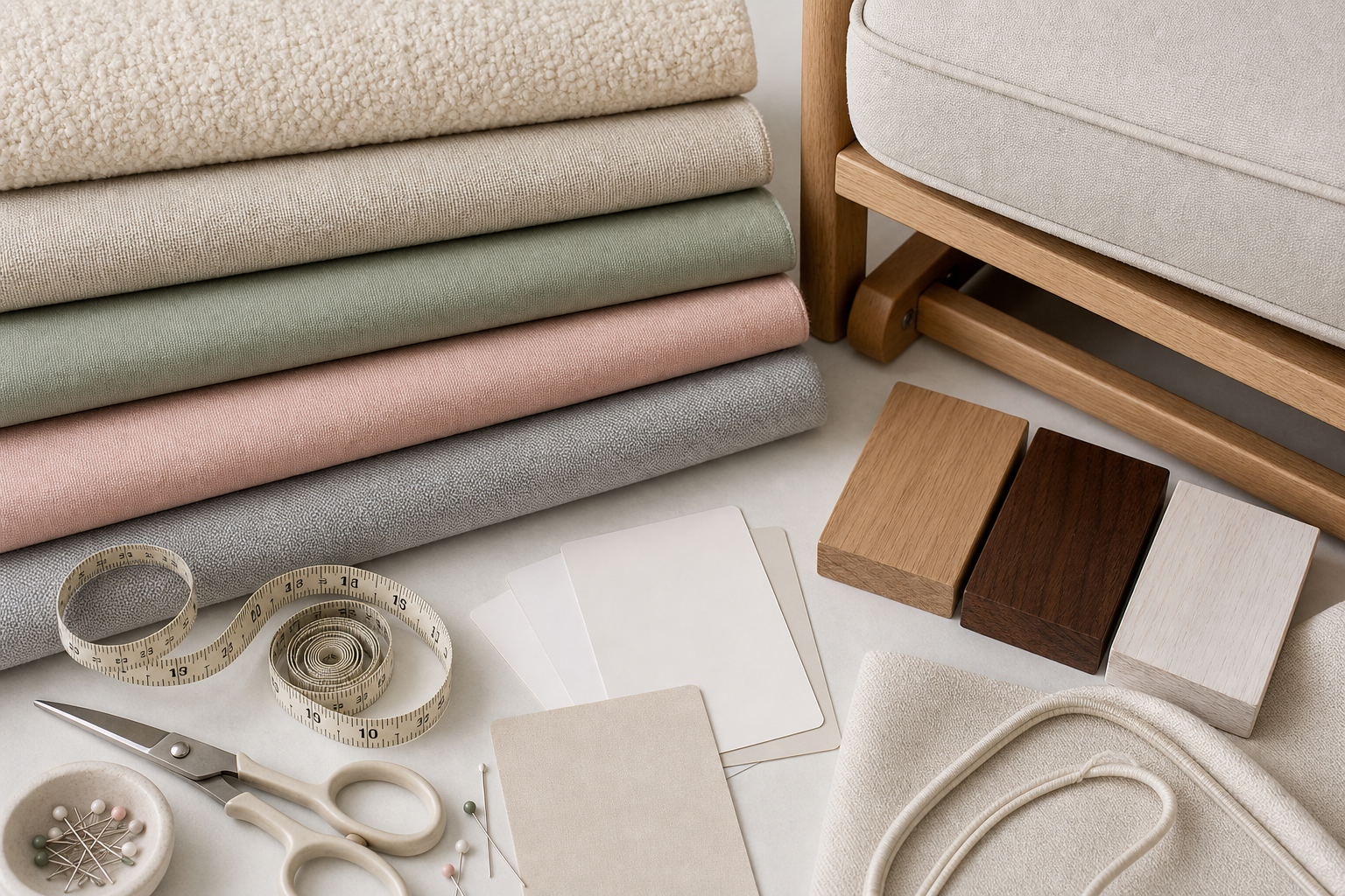 nursery glider upholstery fabric designer planning flat lay with swatches, finishes, measuring, and yardage cues