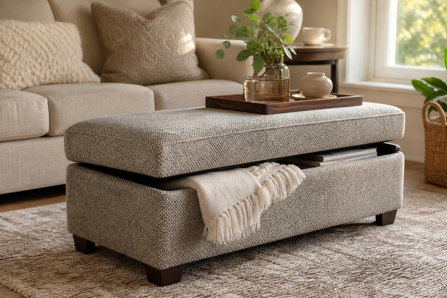 ottoman upholstery fabric finished furniture context showing the fabric decision in a real room