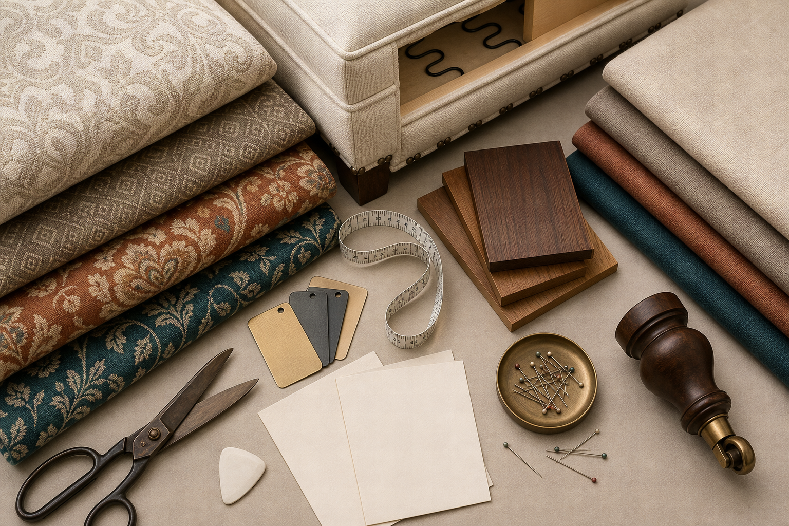 ottoman upholstery fabric designer planning flat lay with swatches, finishes, measuring, and yardage cues