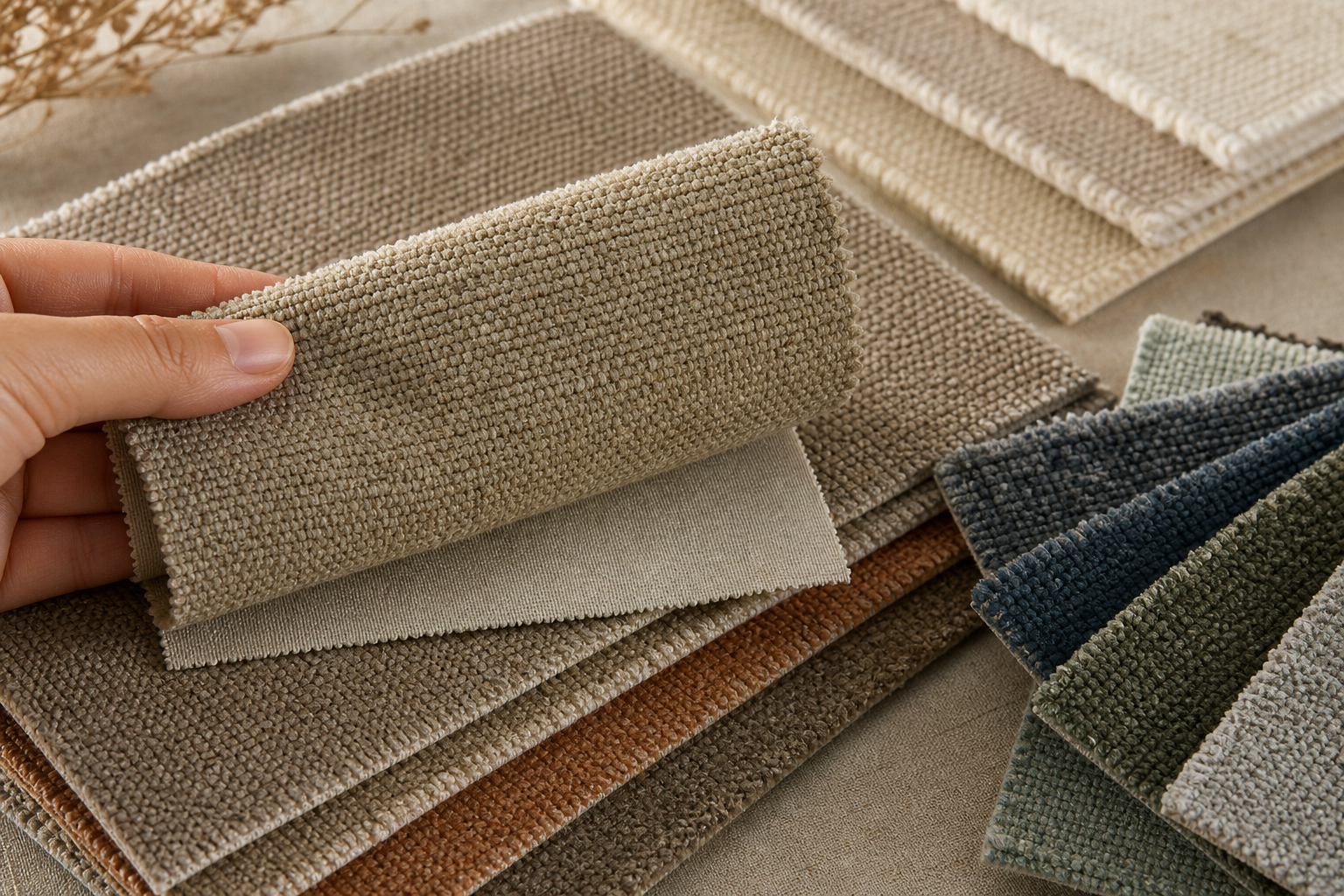 ottoman upholstery fabric sample swatches showing texture, weave, backing, thickness, and color comparison